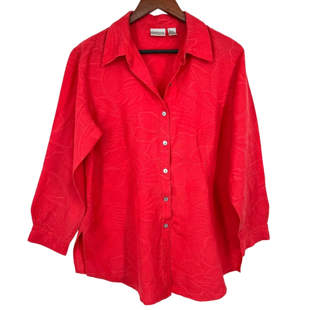 Chicos 2 LARGE Linen Blend Coral Red Long Sleeve Button Blouse Shirt Top Summer